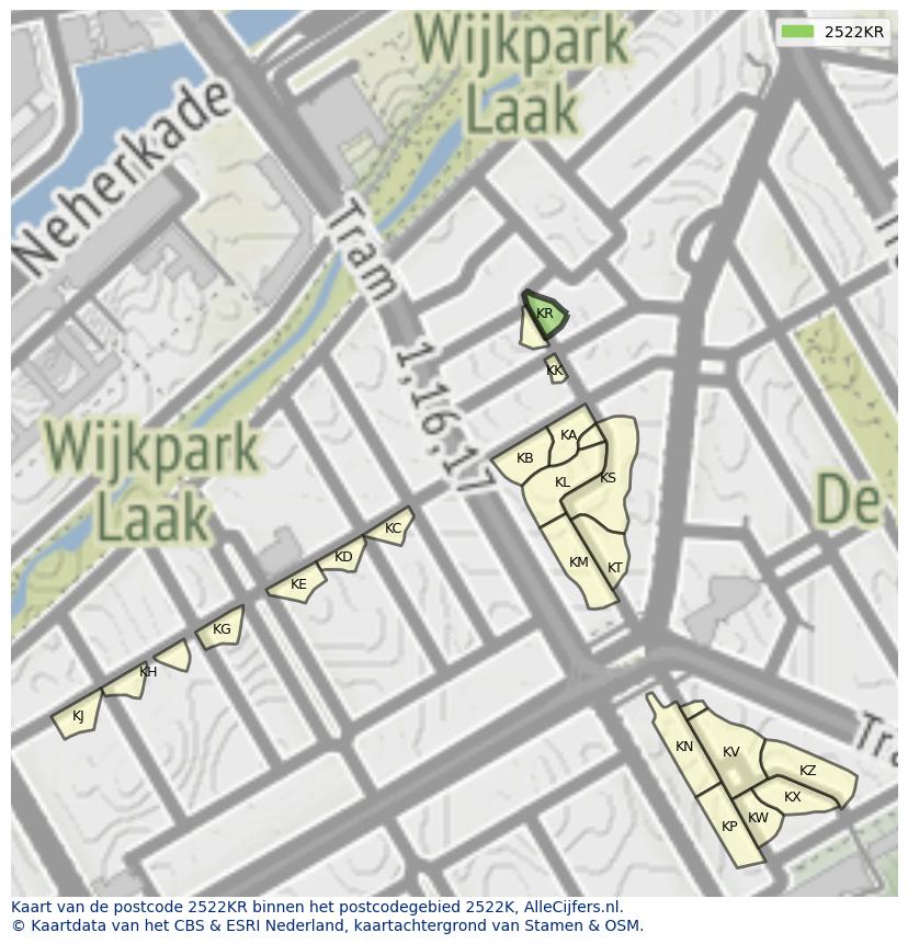 Afbeelding van het postcodegebied 2522 KR op de kaart.