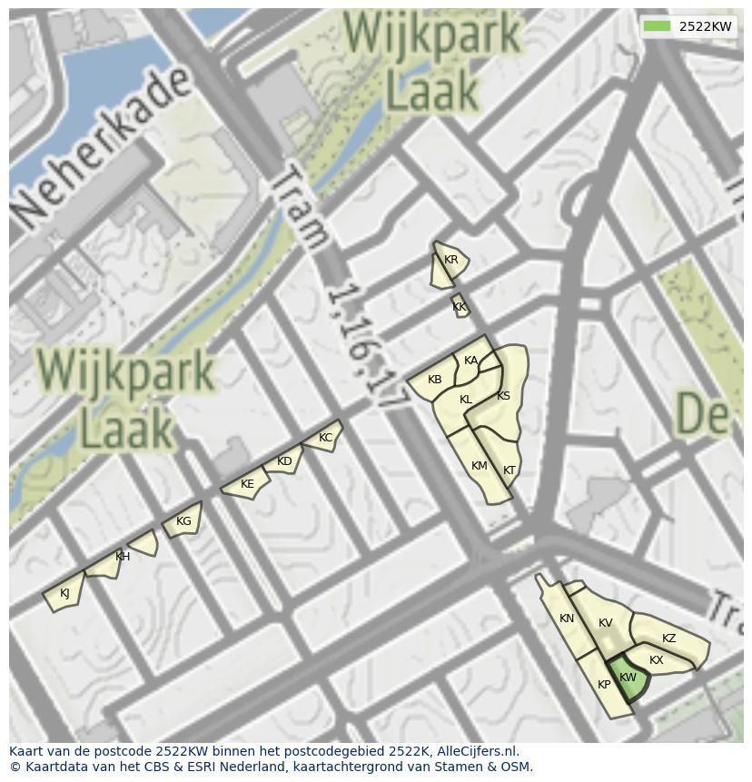 Afbeelding van het postcodegebied 2522 KW op de kaart.
