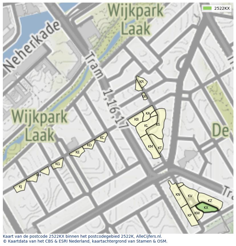 Afbeelding van het postcodegebied 2522 KX op de kaart.