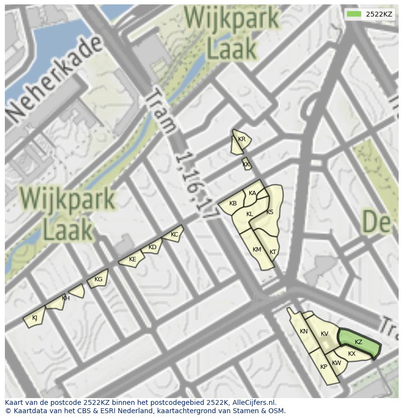 Afbeelding van het postcodegebied 2522 KZ op de kaart.