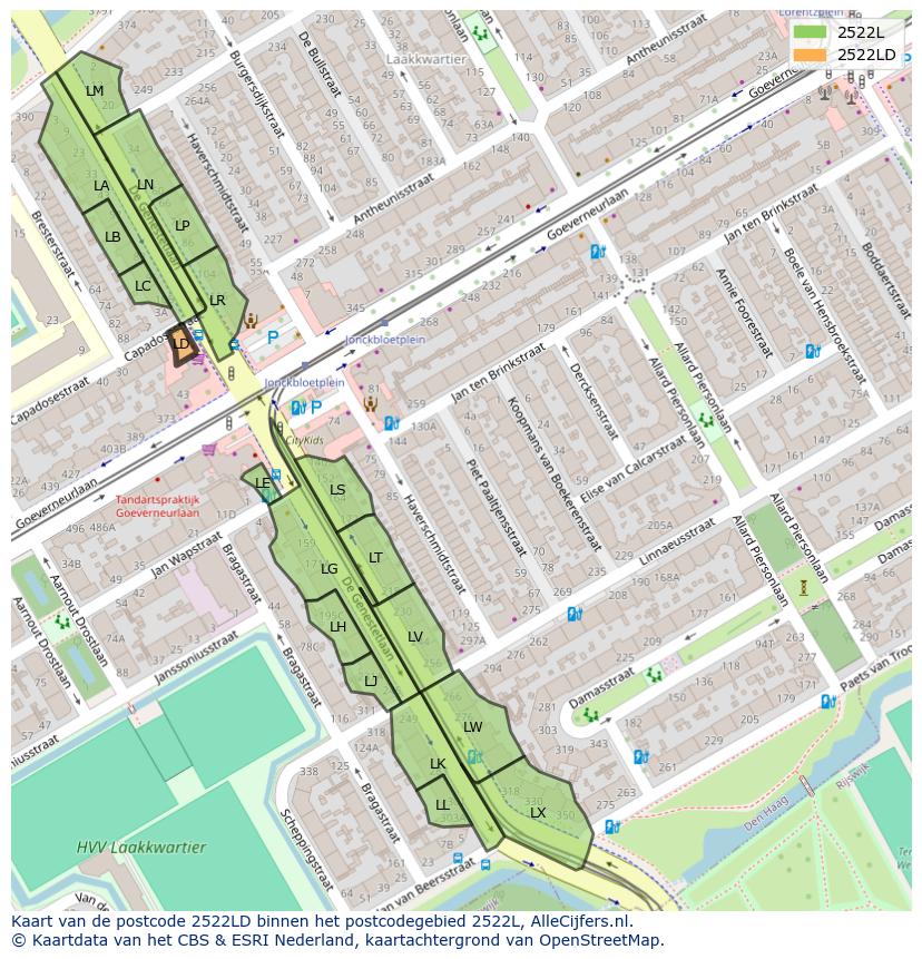 Afbeelding van het postcodegebied 2522 LD op de kaart.