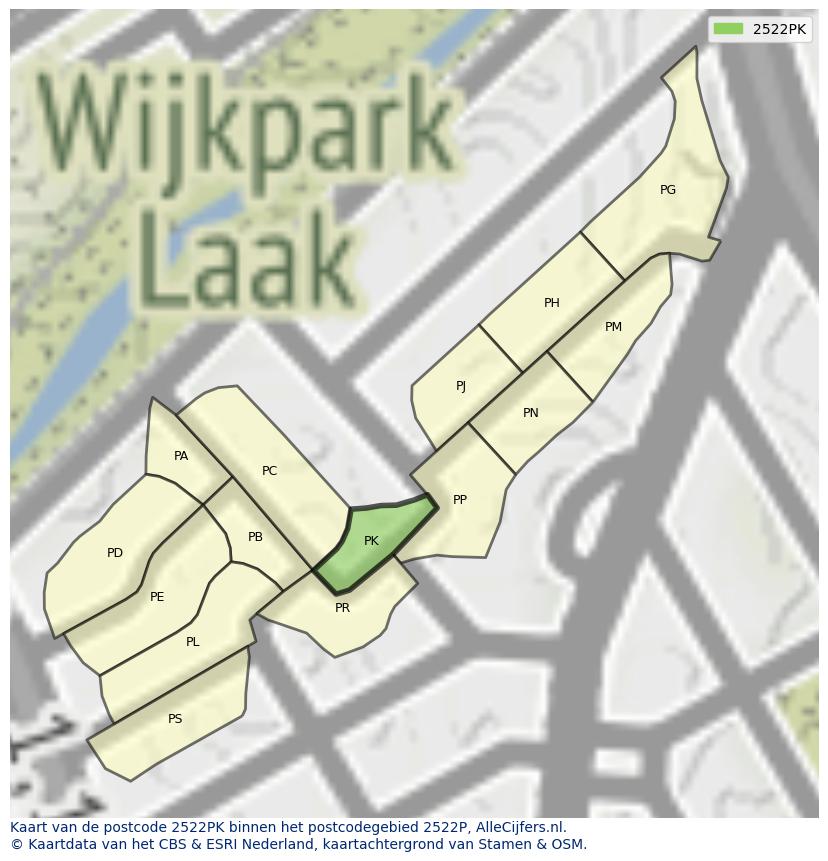 Afbeelding van het postcodegebied 2522 PK op de kaart.