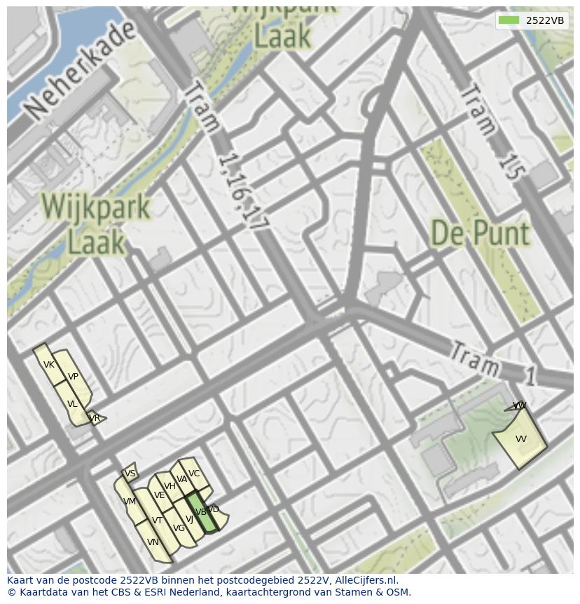 Afbeelding van het postcodegebied 2522 VB op de kaart.