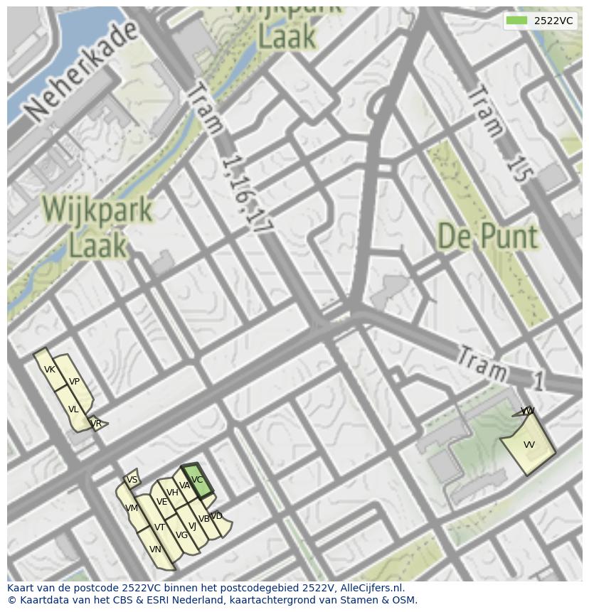 Afbeelding van het postcodegebied 2522 VC op de kaart.