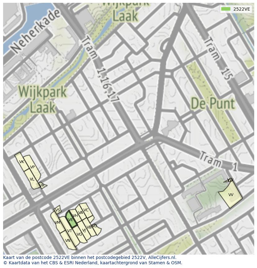 Afbeelding van het postcodegebied 2522 VE op de kaart.