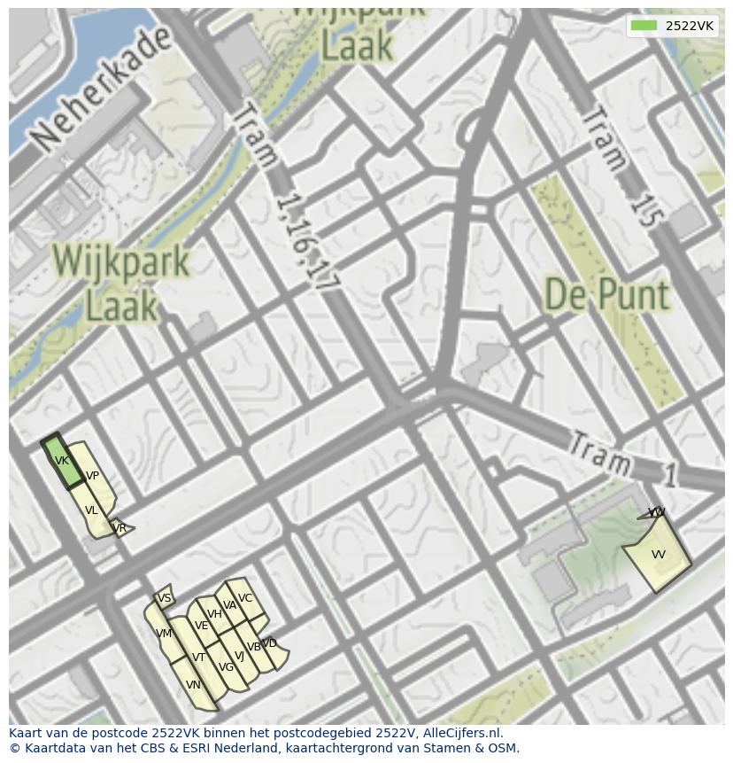 Afbeelding van het postcodegebied 2522 VK op de kaart.