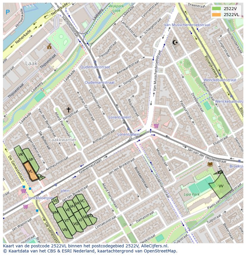 Afbeelding van het postcodegebied 2522 VL op de kaart.