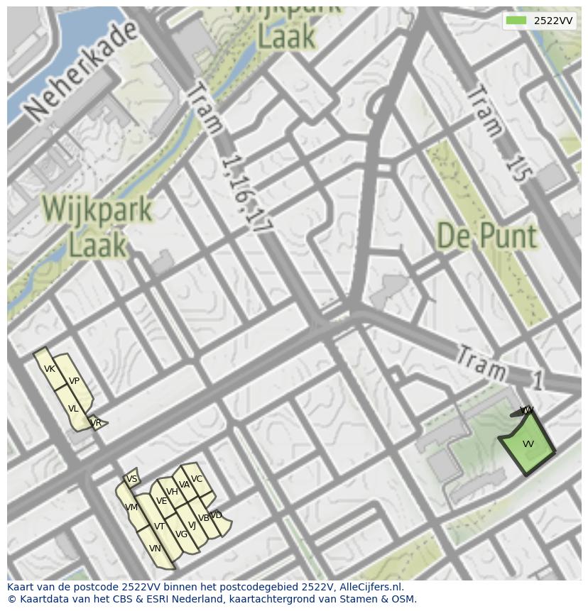 Afbeelding van het postcodegebied 2522 VV op de kaart.
