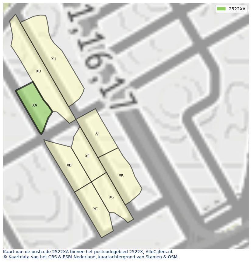 Afbeelding van het postcodegebied 2522 XA op de kaart.