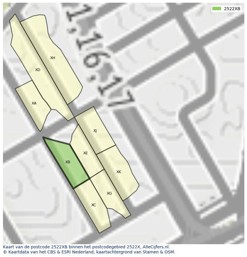 Afbeelding van het postcodegebied 2522 XB op de kaart.