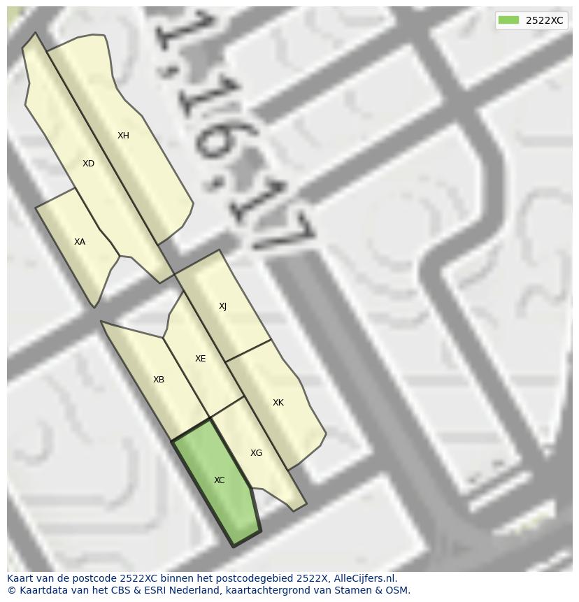 Afbeelding van het postcodegebied 2522 XC op de kaart.