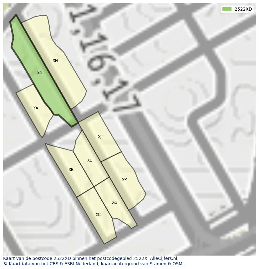 Afbeelding van het postcodegebied 2522 XD op de kaart.