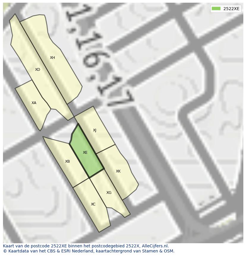 Afbeelding van het postcodegebied 2522 XE op de kaart.