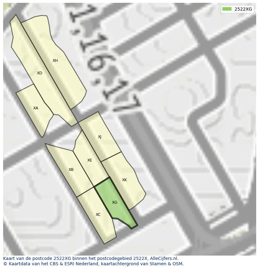 Afbeelding van het postcodegebied 2522 XG op de kaart.