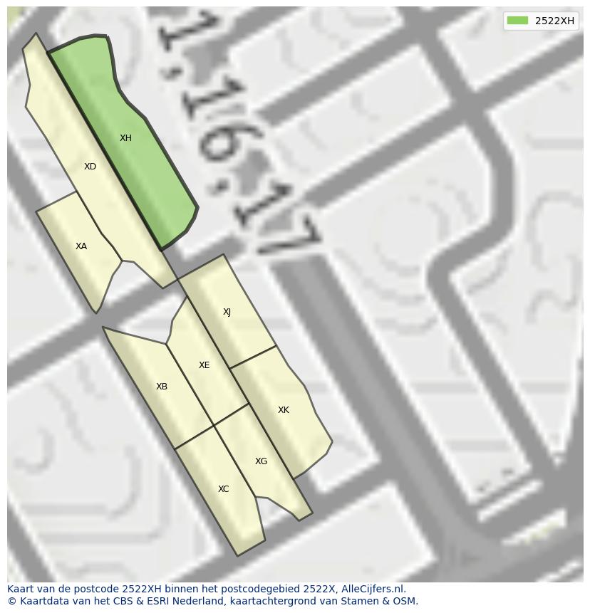Afbeelding van het postcodegebied 2522 XH op de kaart.