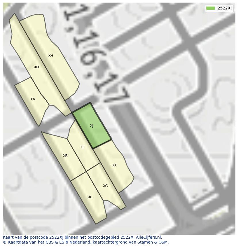 Afbeelding van het postcodegebied 2522 XJ op de kaart.