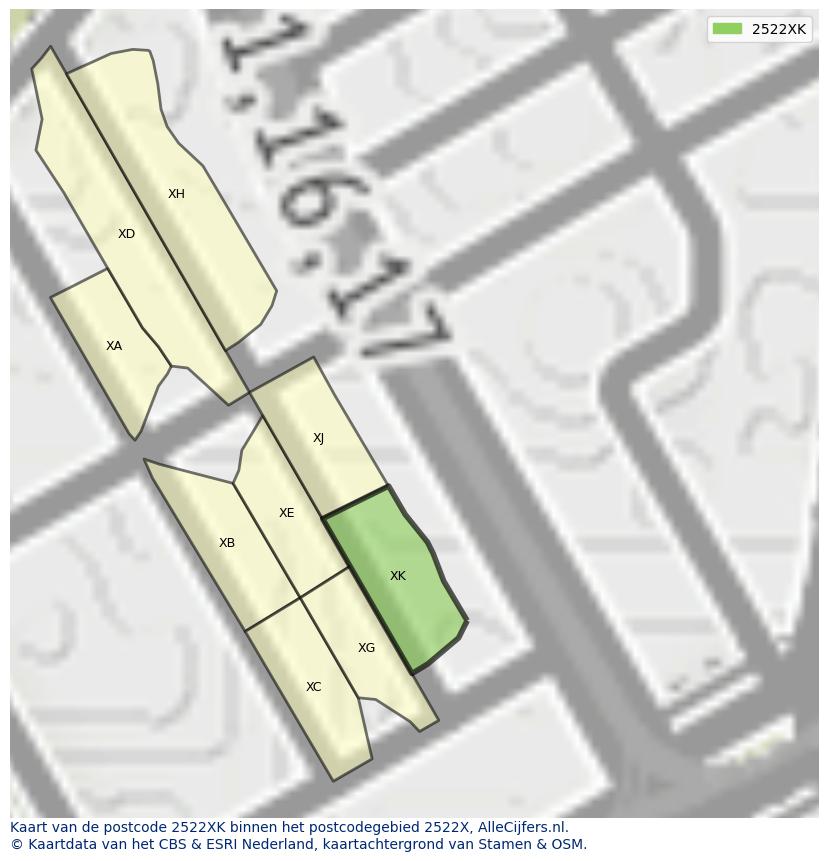 Afbeelding van het postcodegebied 2522 XK op de kaart.