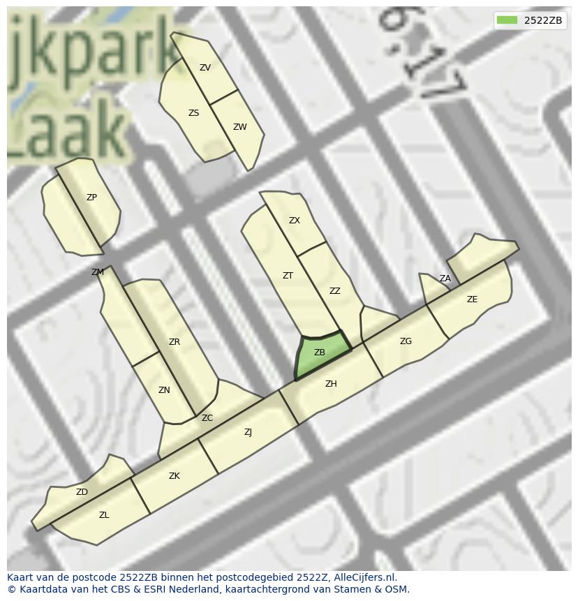 Afbeelding van het postcodegebied 2522 ZB op de kaart.