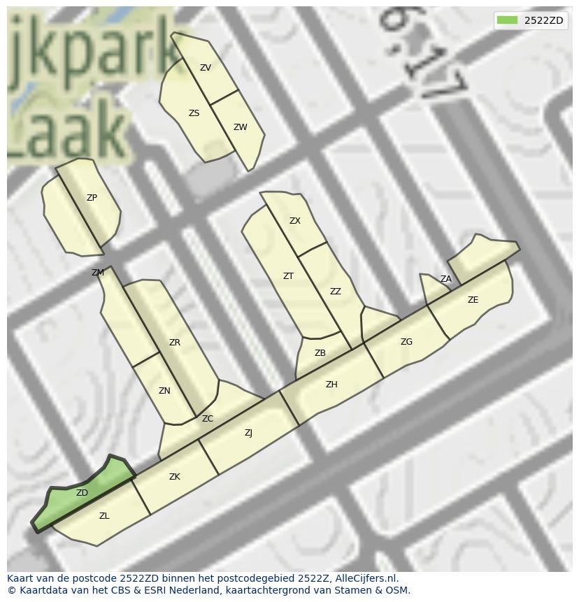 Afbeelding van het postcodegebied 2522 ZD op de kaart.