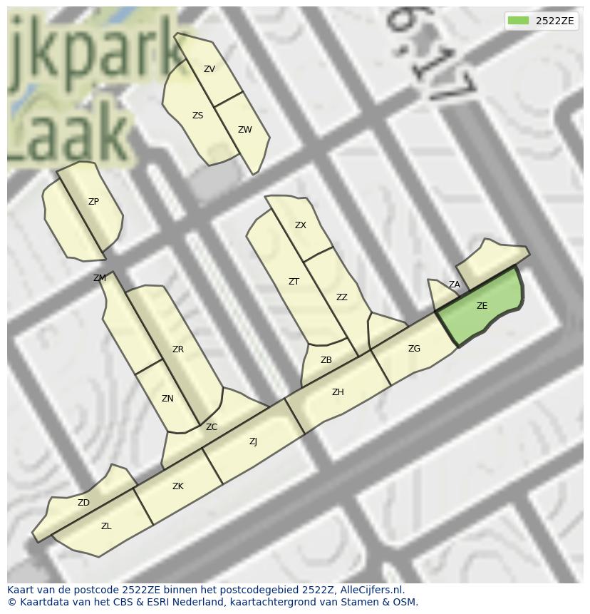 Afbeelding van het postcodegebied 2522 ZE op de kaart.