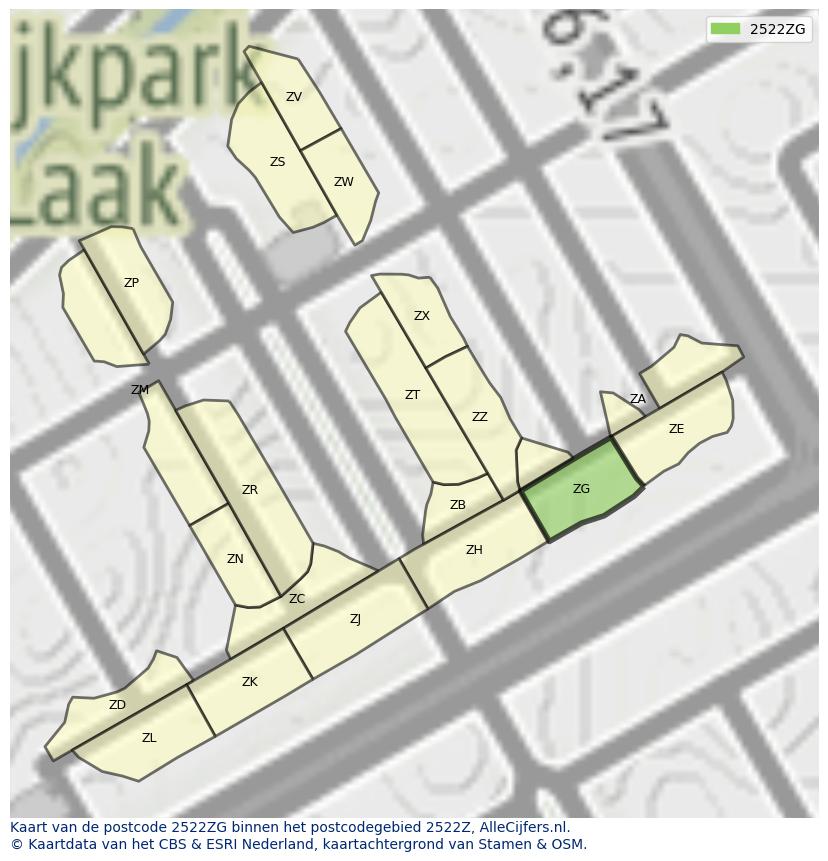 Afbeelding van het postcodegebied 2522 ZG op de kaart.