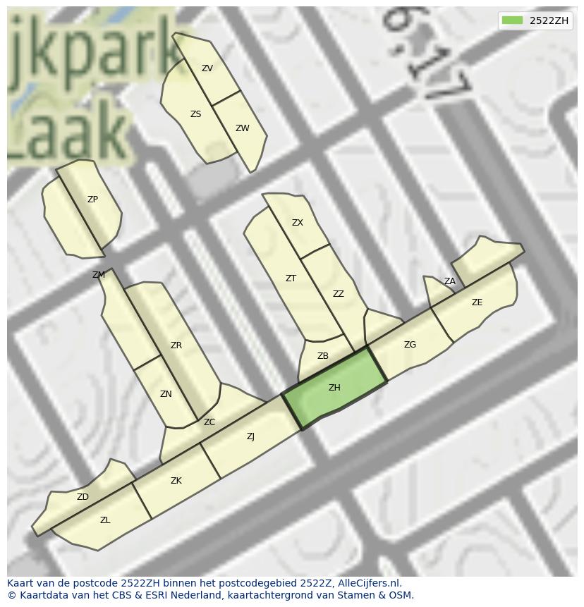 Afbeelding van het postcodegebied 2522 ZH op de kaart.