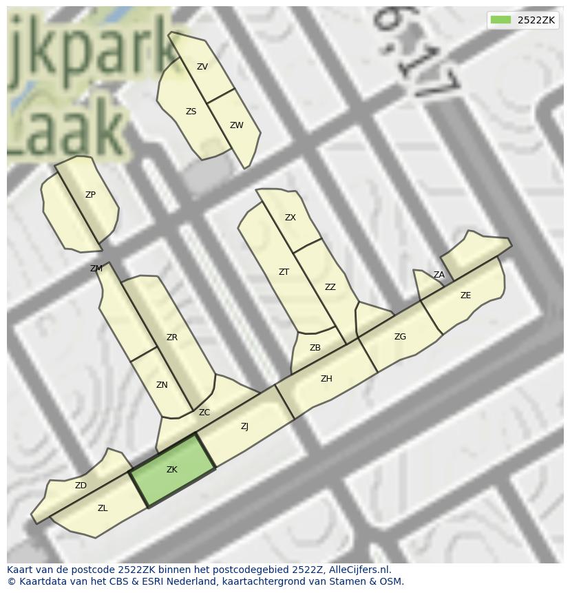 Afbeelding van het postcodegebied 2522 ZK op de kaart.