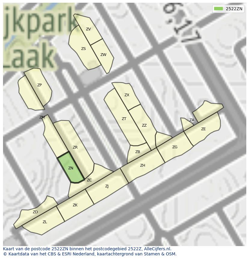 Afbeelding van het postcodegebied 2522 ZN op de kaart.