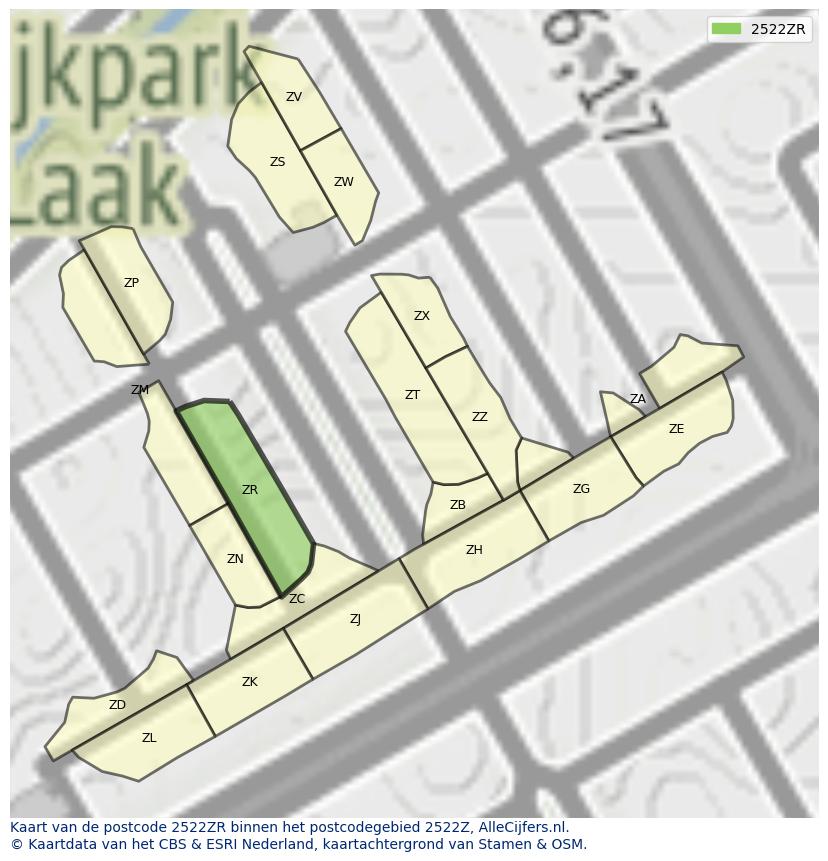 Afbeelding van het postcodegebied 2522 ZR op de kaart.