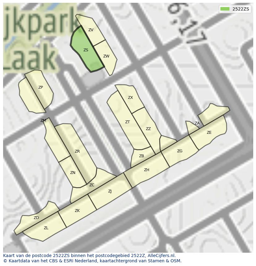 Afbeelding van het postcodegebied 2522 ZS op de kaart.