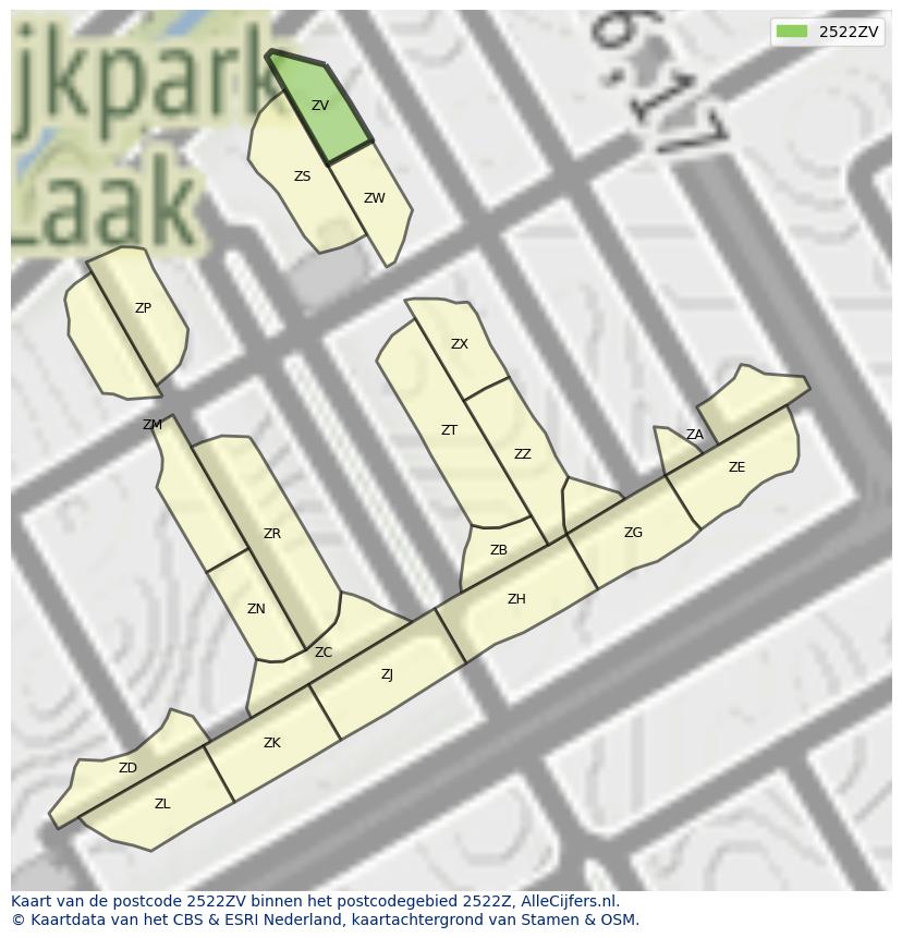 Afbeelding van het postcodegebied 2522 ZV op de kaart.