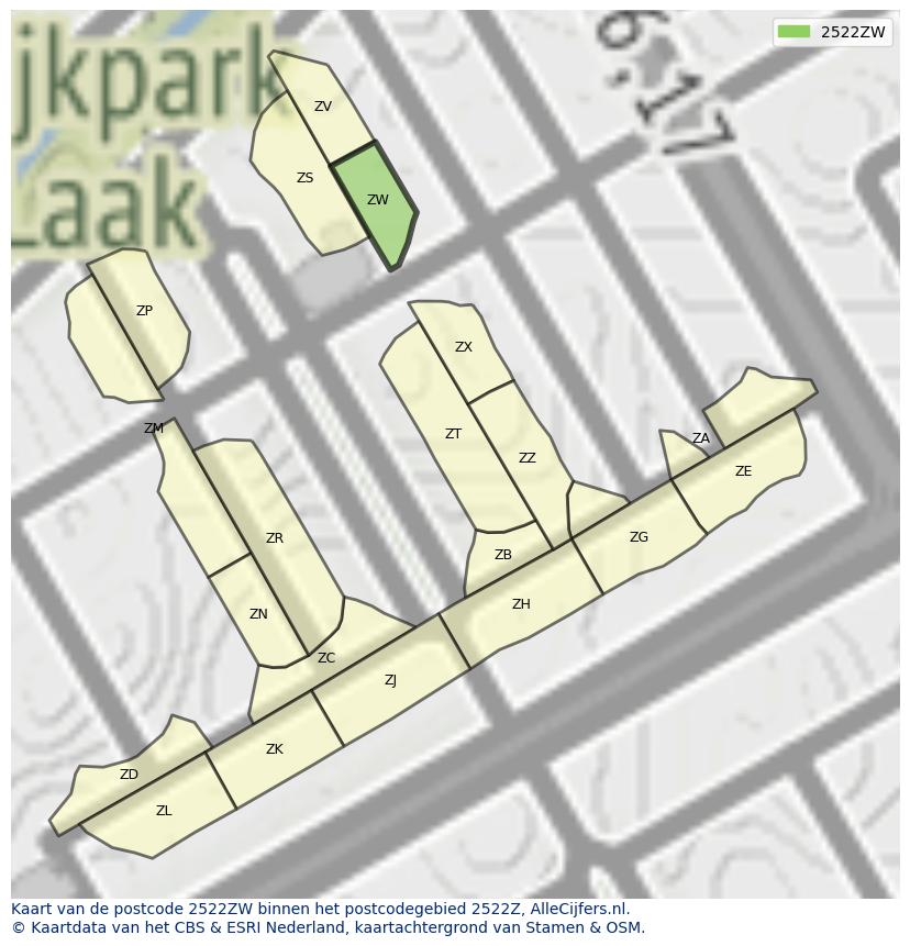Afbeelding van het postcodegebied 2522 ZW op de kaart.