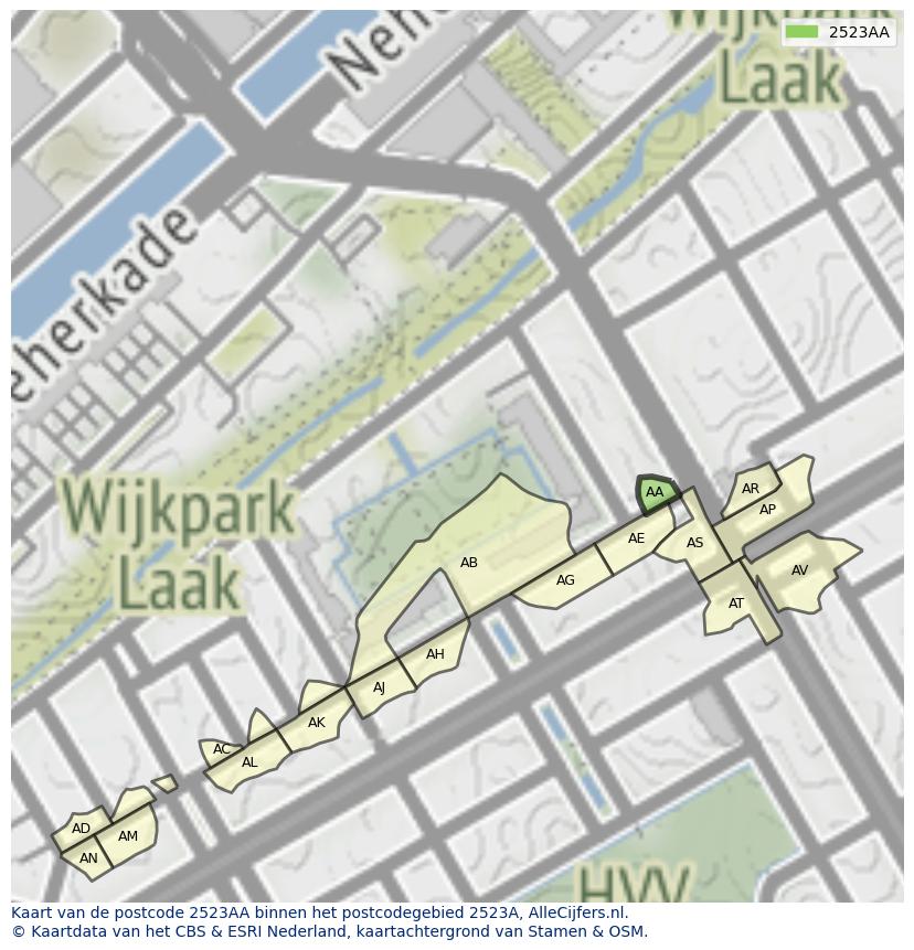 Afbeelding van het postcodegebied 2523 AA op de kaart.