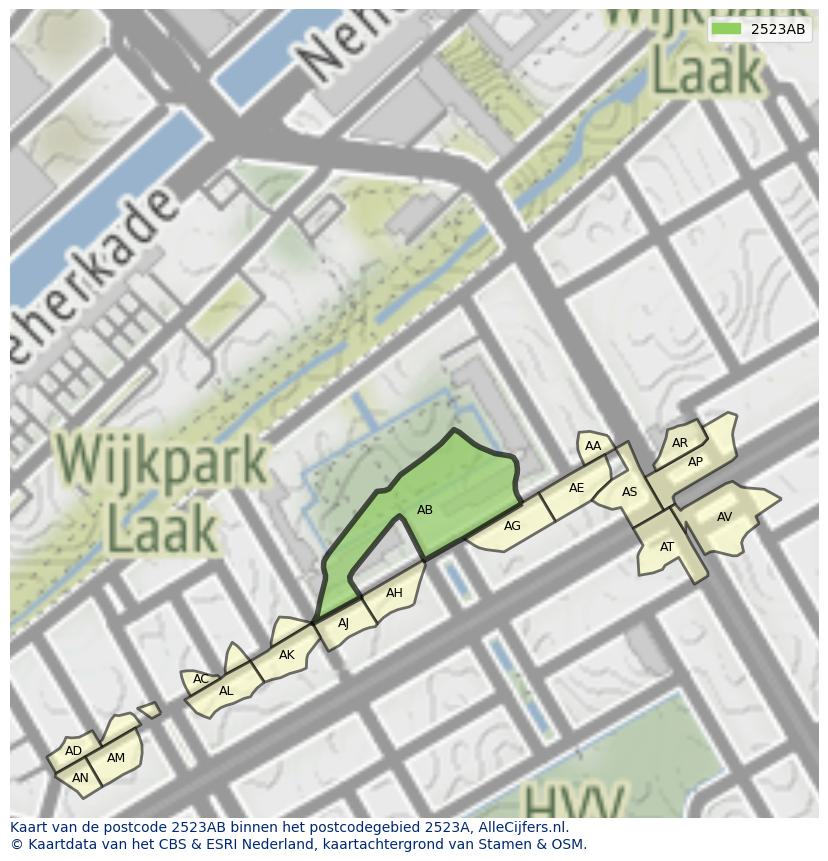 Afbeelding van het postcodegebied 2523 AB op de kaart.