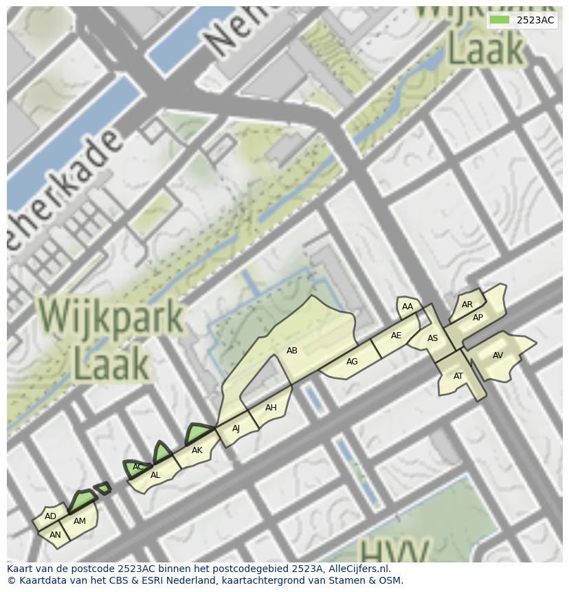 Afbeelding van het postcodegebied 2523 AC op de kaart.