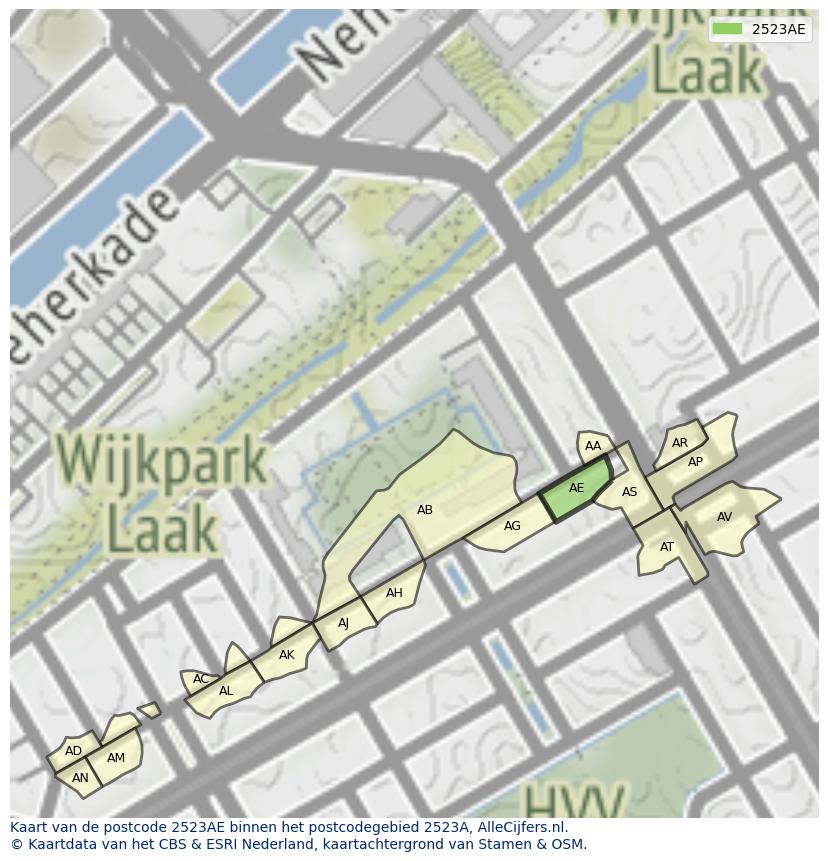 Afbeelding van het postcodegebied 2523 AE op de kaart.
