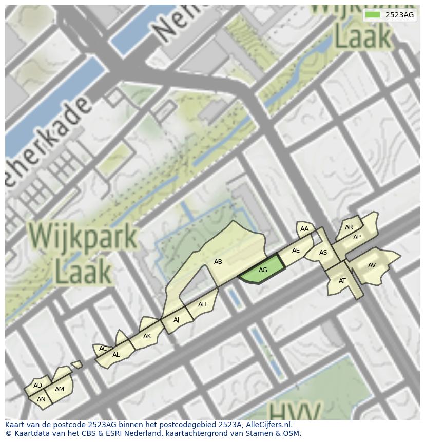 Afbeelding van het postcodegebied 2523 AG op de kaart.