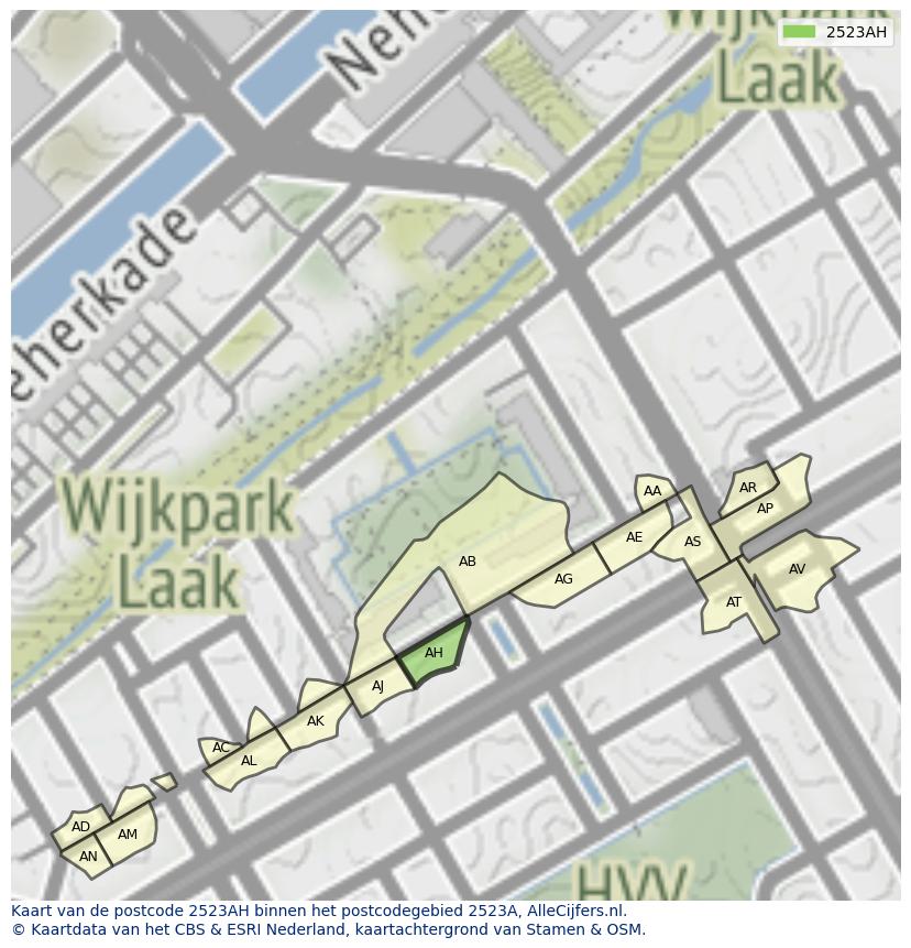 Afbeelding van het postcodegebied 2523 AH op de kaart.