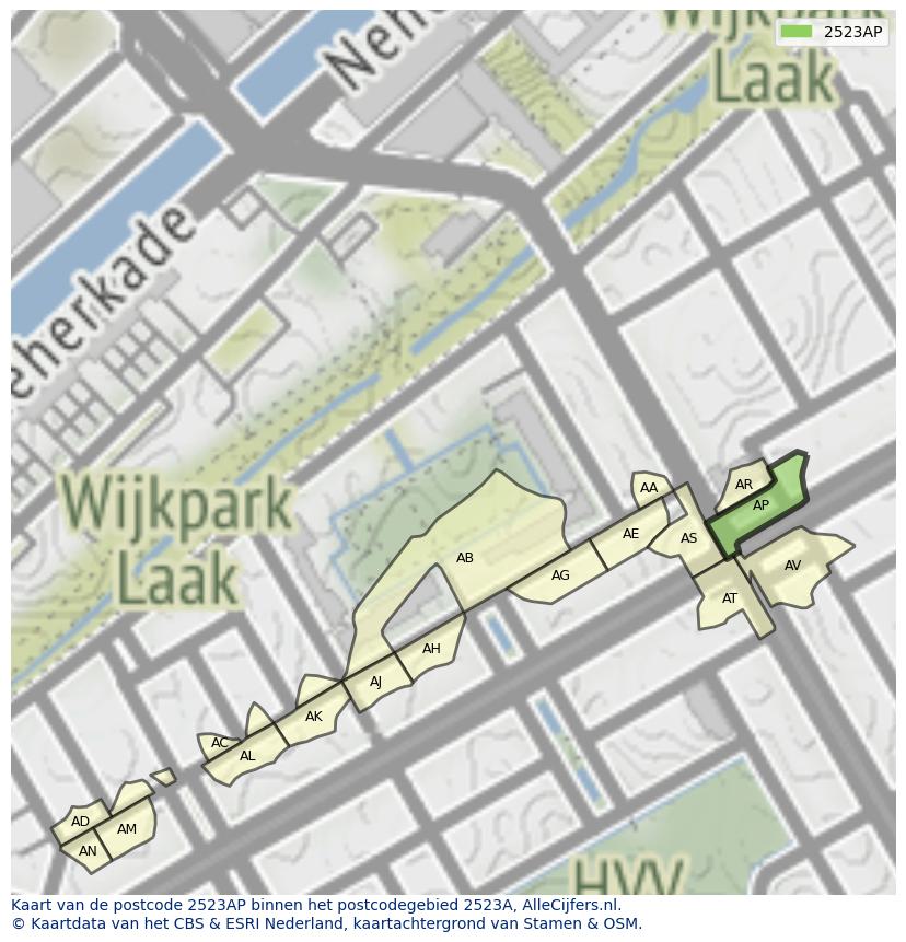 Afbeelding van het postcodegebied 2523 AP op de kaart.