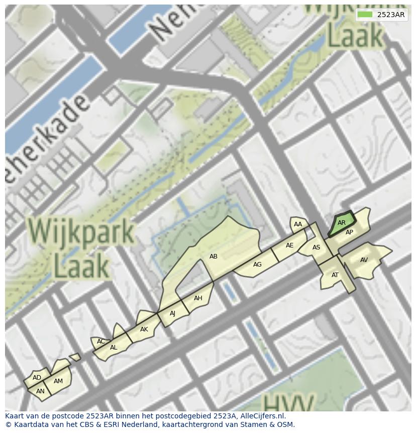 Afbeelding van het postcodegebied 2523 AR op de kaart.