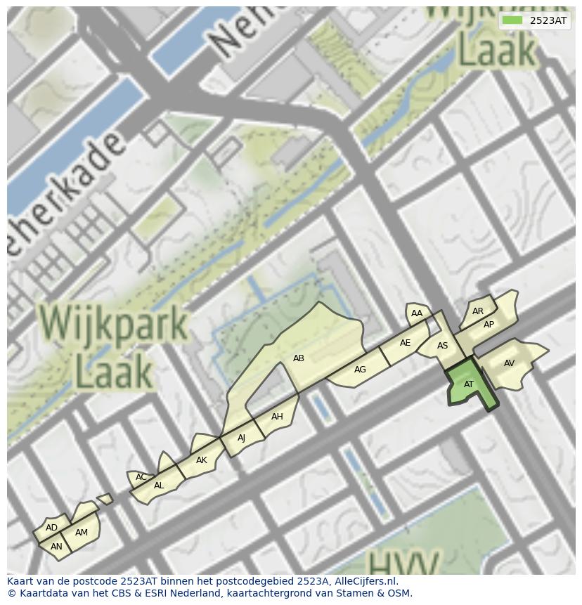 Afbeelding van het postcodegebied 2523 AT op de kaart.