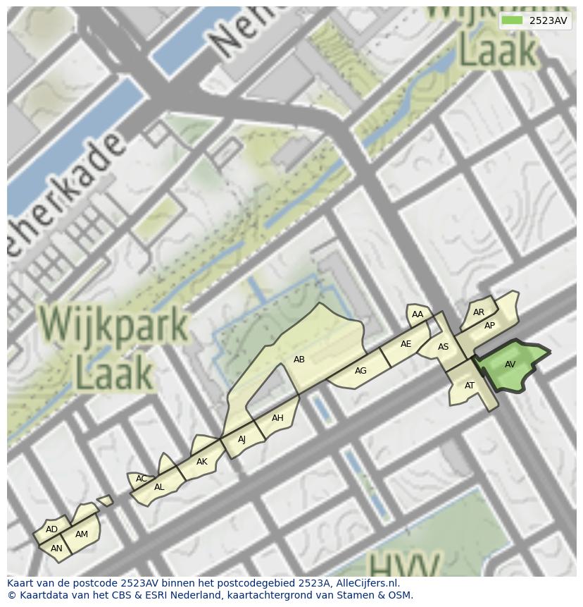 Afbeelding van het postcodegebied 2523 AV op de kaart.