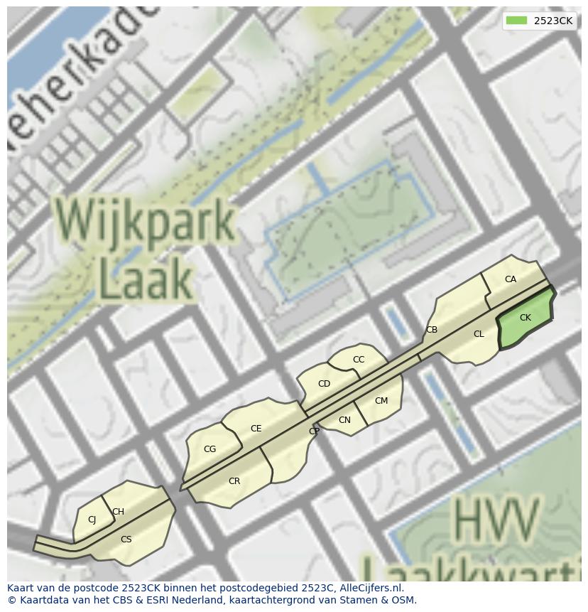 Afbeelding van het postcodegebied 2523 CK op de kaart.