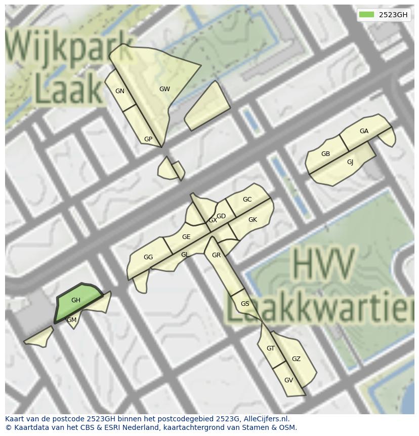Afbeelding van het postcodegebied 2523 GH op de kaart.