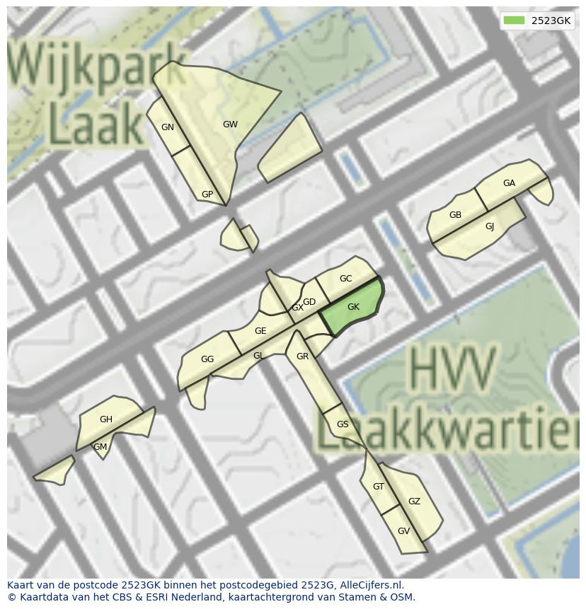 Afbeelding van het postcodegebied 2523 GK op de kaart.