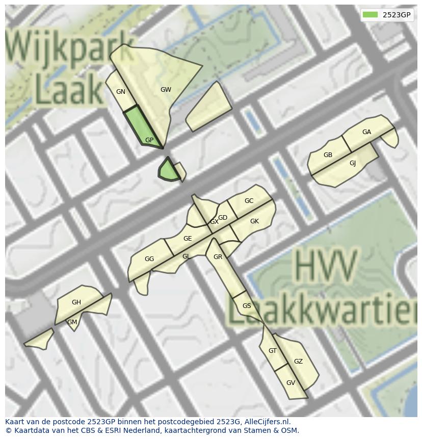 Afbeelding van het postcodegebied 2523 GP op de kaart.