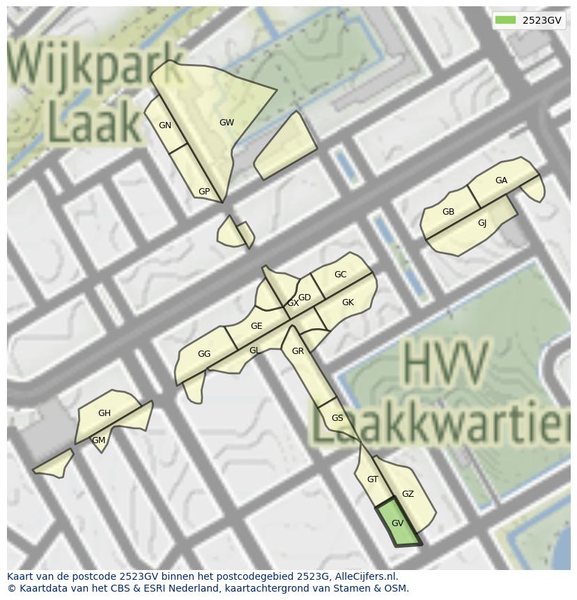 Afbeelding van het postcodegebied 2523 GV op de kaart.
