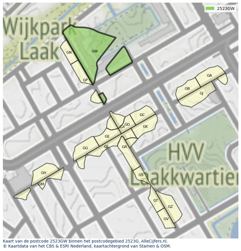 Afbeelding van het postcodegebied 2523 GW op de kaart.
