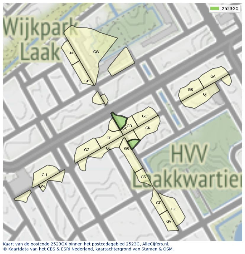 Afbeelding van het postcodegebied 2523 GX op de kaart.