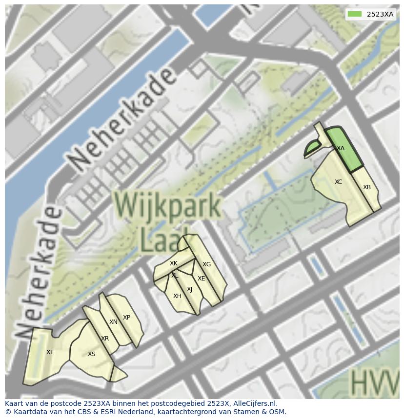 Afbeelding van het postcodegebied 2523 XA op de kaart.